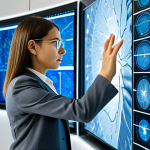 A professional female neuroscientist in a modest business suit, fully clothed, appropriate attire, standing in a clean, high-tech neuromarketing laboratory. Large, abstract digital displays on the walls show stylized brain activity data and eye-tracking patterns. She is looking intently at a transparent screen, one hand slightly gesturing towards the data, indicating deep analysis. The scene is well-lit, conveying a sense of innovation and scientific rigor. Perfect anatomy, correct proportions, natural pose, well-formed hands, proper finger count, natural body proportions, professional photography, high quality, realistic, safe for work, appropriate content, professional, family-friendly.
