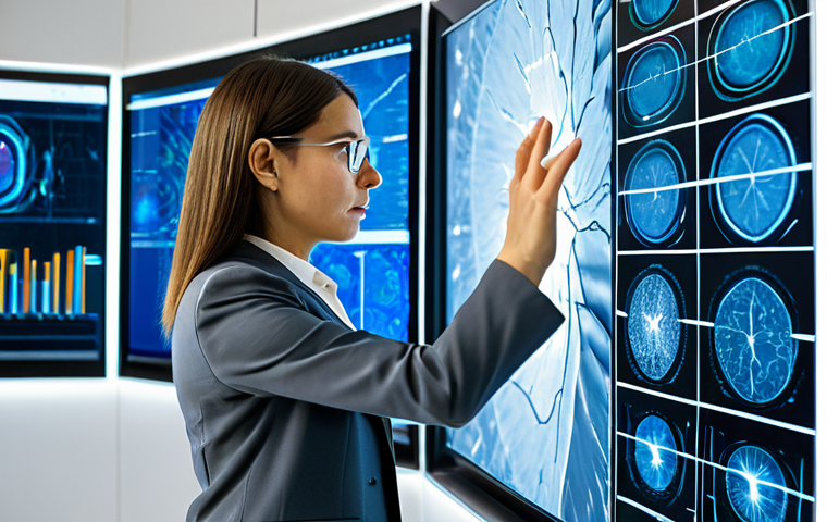 A professional female neuroscientist in a modest business suit, fully clothed, appropriate attire, standing in a clean, high-tech neuromarketing laboratory. Large, abstract digital displays on the walls show stylized brain activity data and eye-tracking patterns. She is looking intently at a transparent screen, one hand slightly gesturing towards the data, indicating deep analysis. The scene is well-lit, conveying a sense of innovation and scientific rigor. Perfect anatomy, correct proportions, natural pose, well-formed hands, proper finger count, natural body proportions, professional photography, high quality, realistic, safe for work, appropriate content, professional, family-friendly.